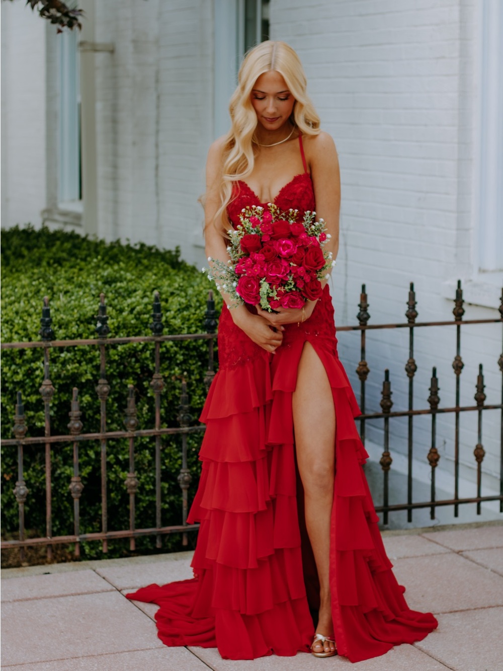 Sherri Hill Red Ruffled Lace Prom Gown with High Slit